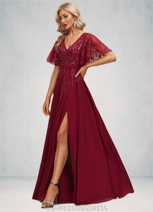 Aurora A-line V-Neck Floor-Length Chiffon Lace Mother of the Bride Dress With Sequins DS126P0021767
