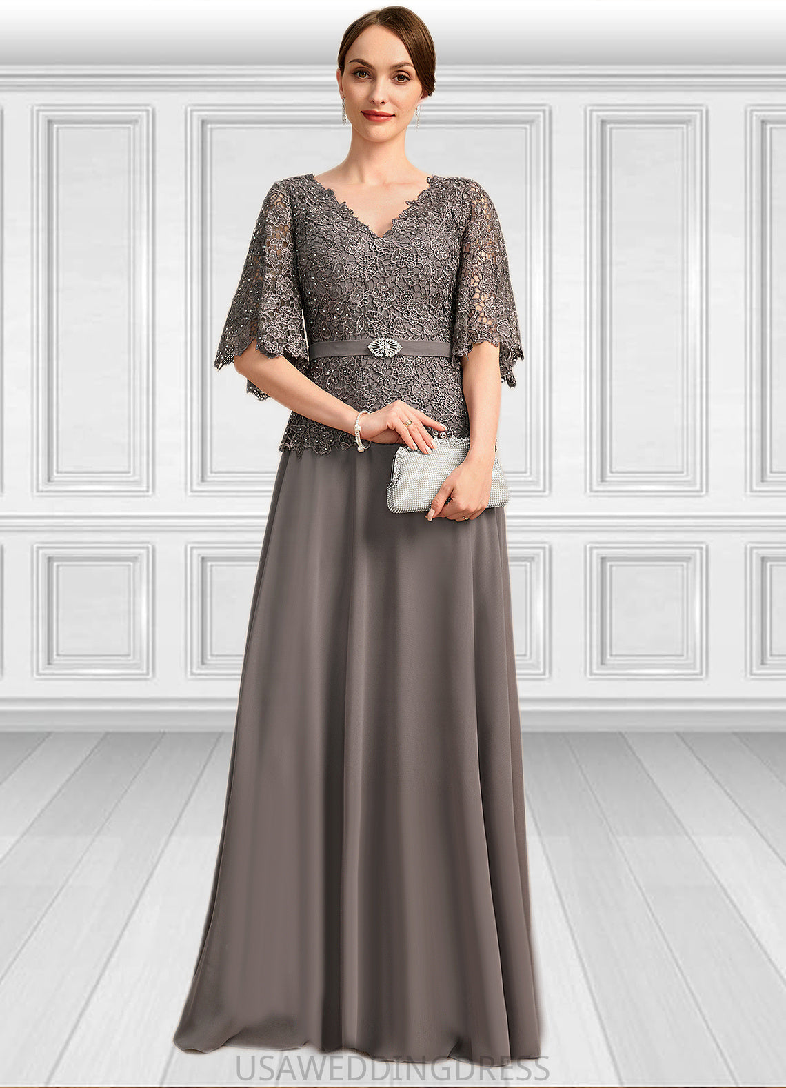 Olympia A-line V-Neck Floor-Length Chiffon Lace Mother of the Bride Dress With Rhinestone Crystal Brooch DS126P0021782