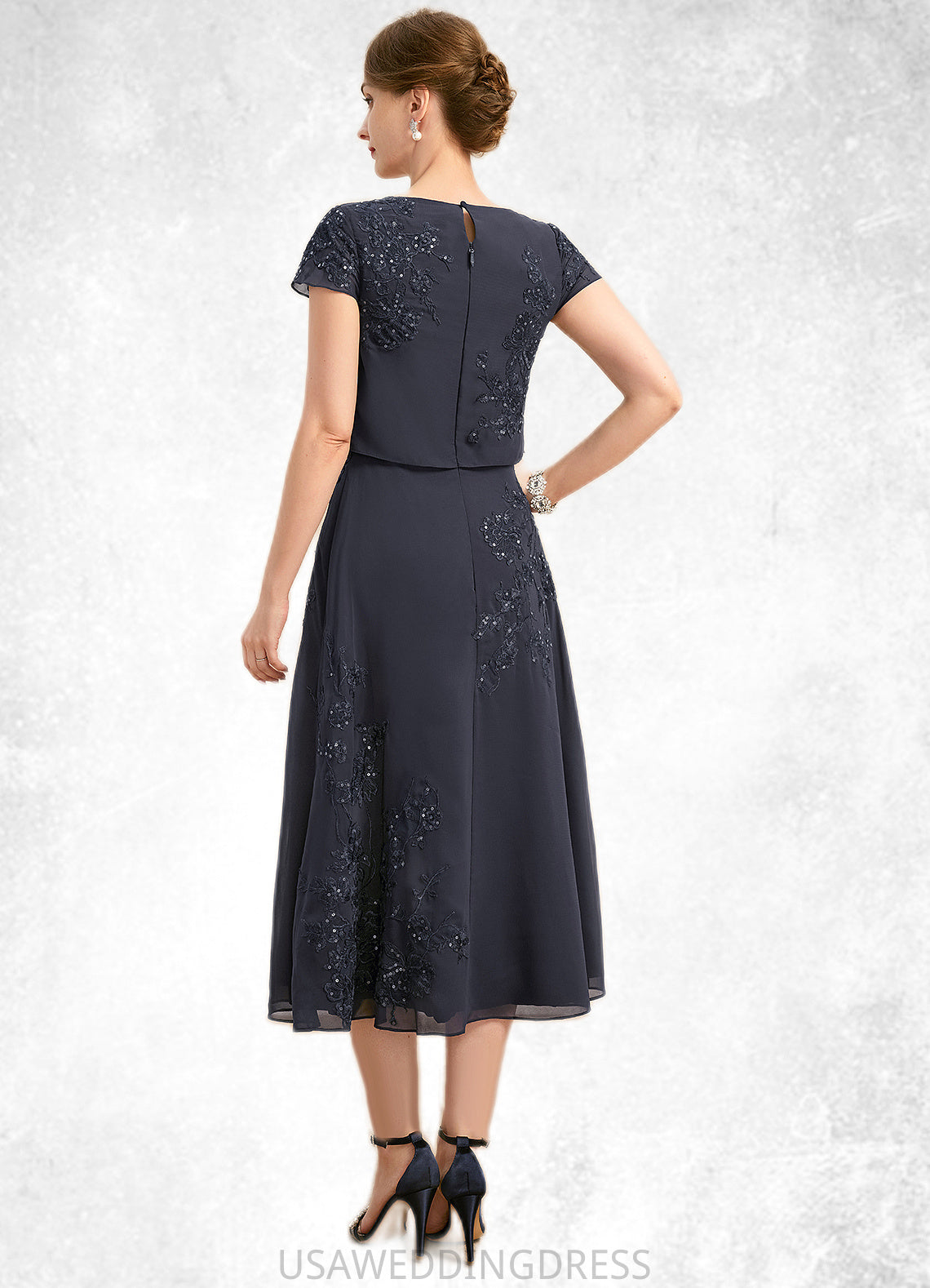 Nathalia A-line Scoop Tea-Length Chiffon Lace Mother of the Bride Dress With Sequins DS126P0021789