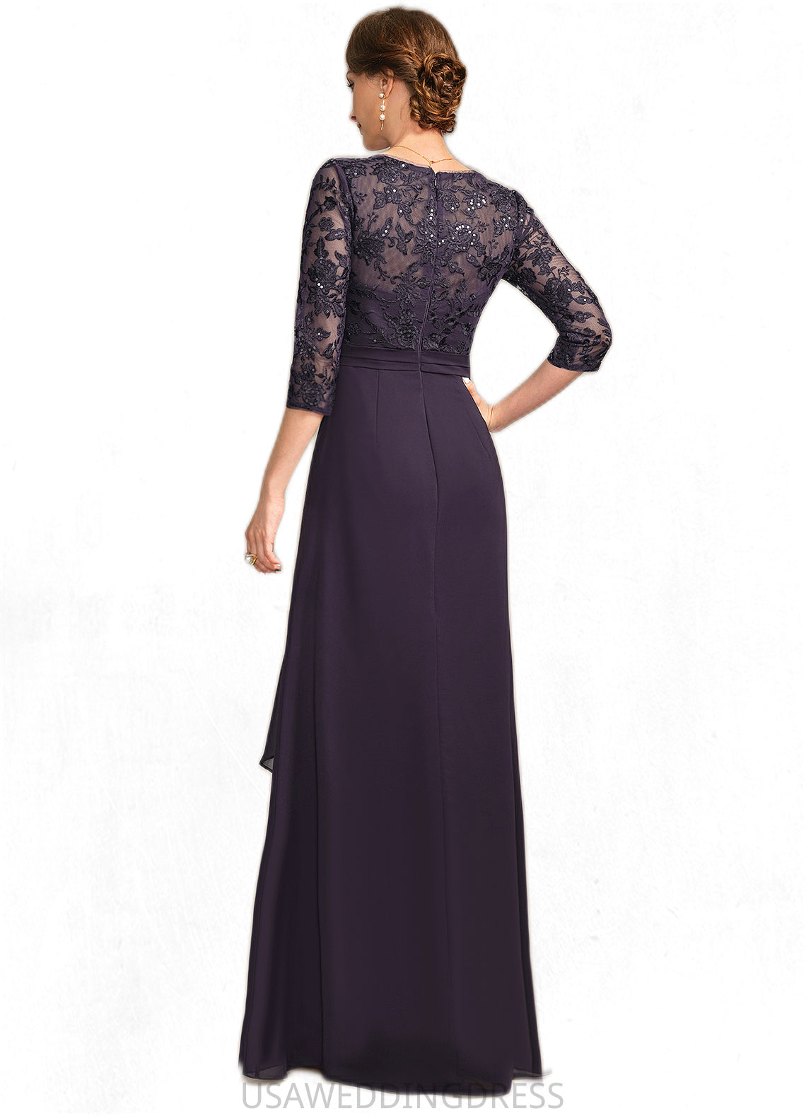 Frederica A-line V-Neck Floor-Length Chiffon Lace Mother of the Bride Dress With Cascading Ruffles Sequins DS126P0021796