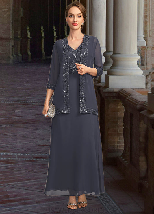 Rebecca A-line V-Neck Ankle-Length Chiffon Lace Sequin Mother of the Bride Dress DS126P0021798