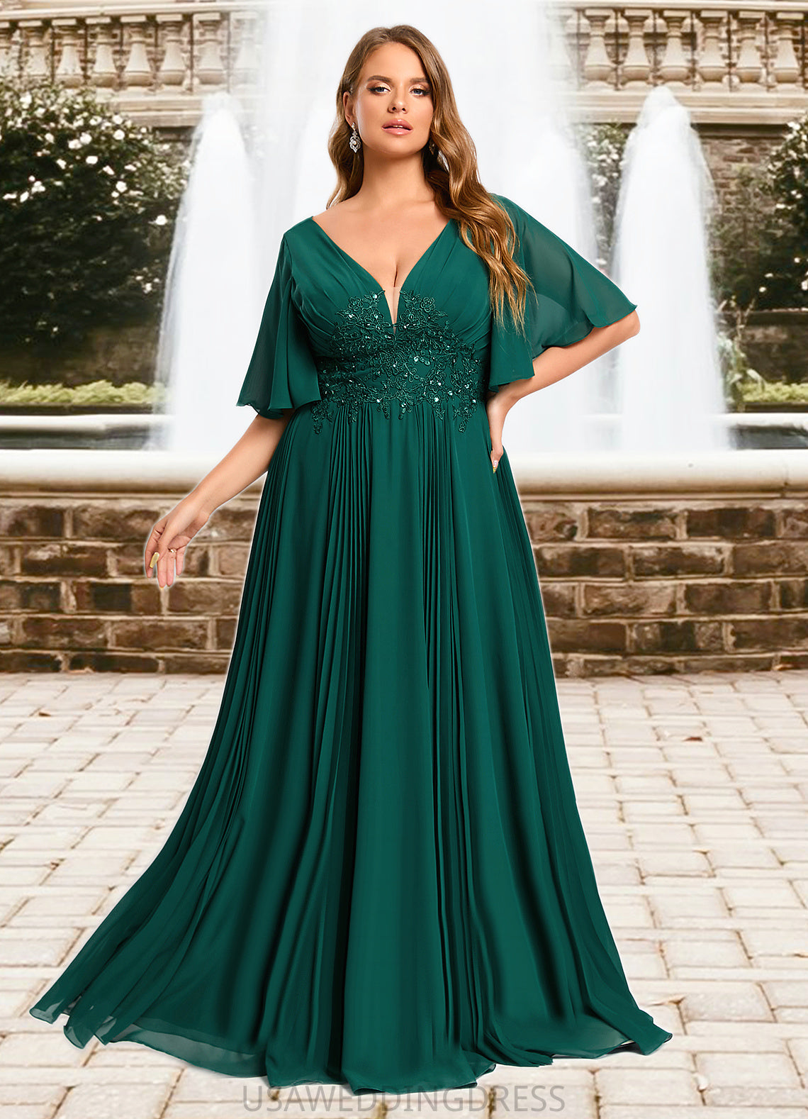 Aubrie A-line V-Neck Floor-Length Chiffon Mother of the Bride Dress With Pleated Appliques Lace Sequins DS126P0021807