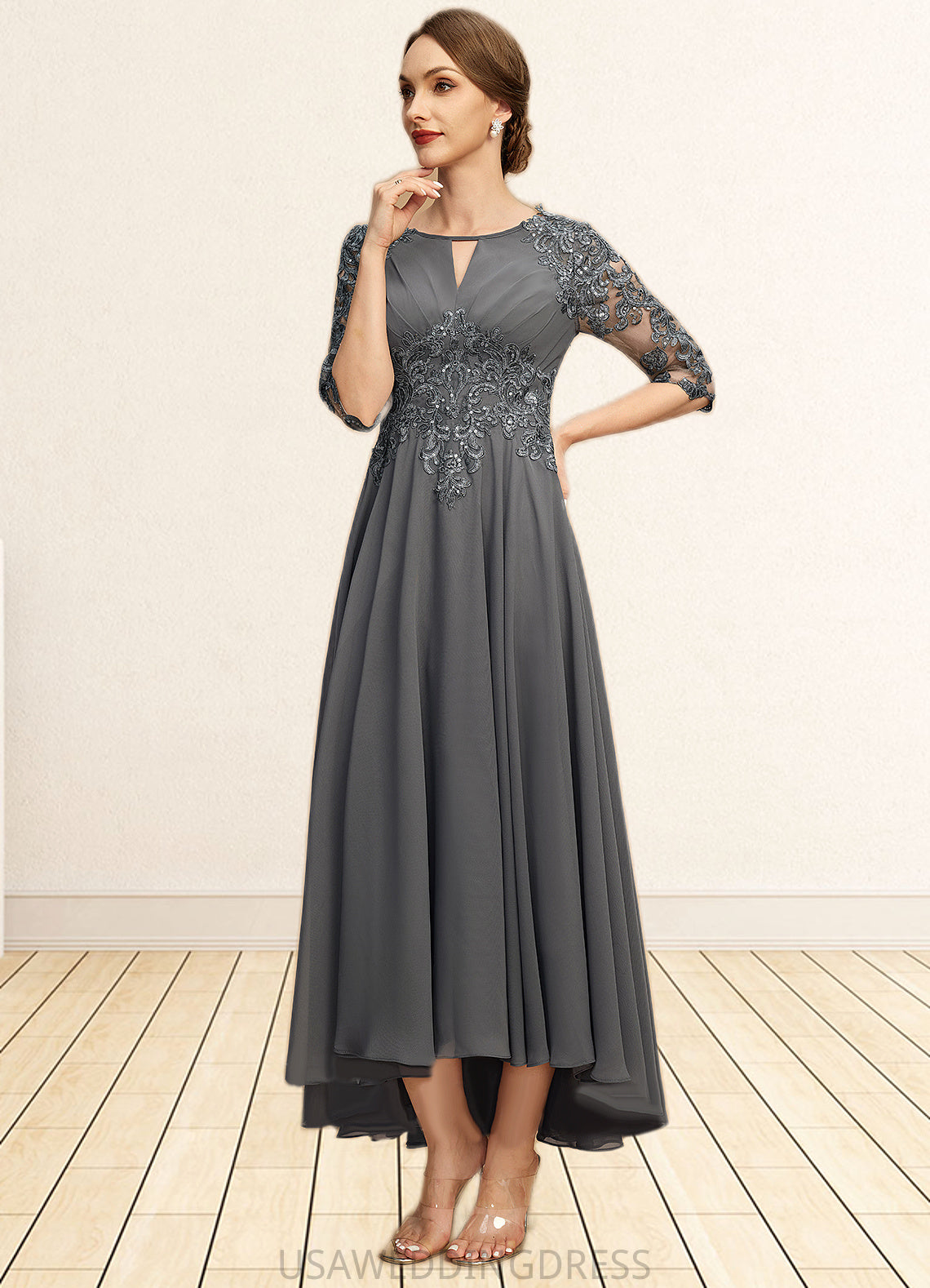Dixie A-line Scoop Asymmetrical Chiffon Lace Mother of the Bride Dress With Pleated Sequins DS126P0021812