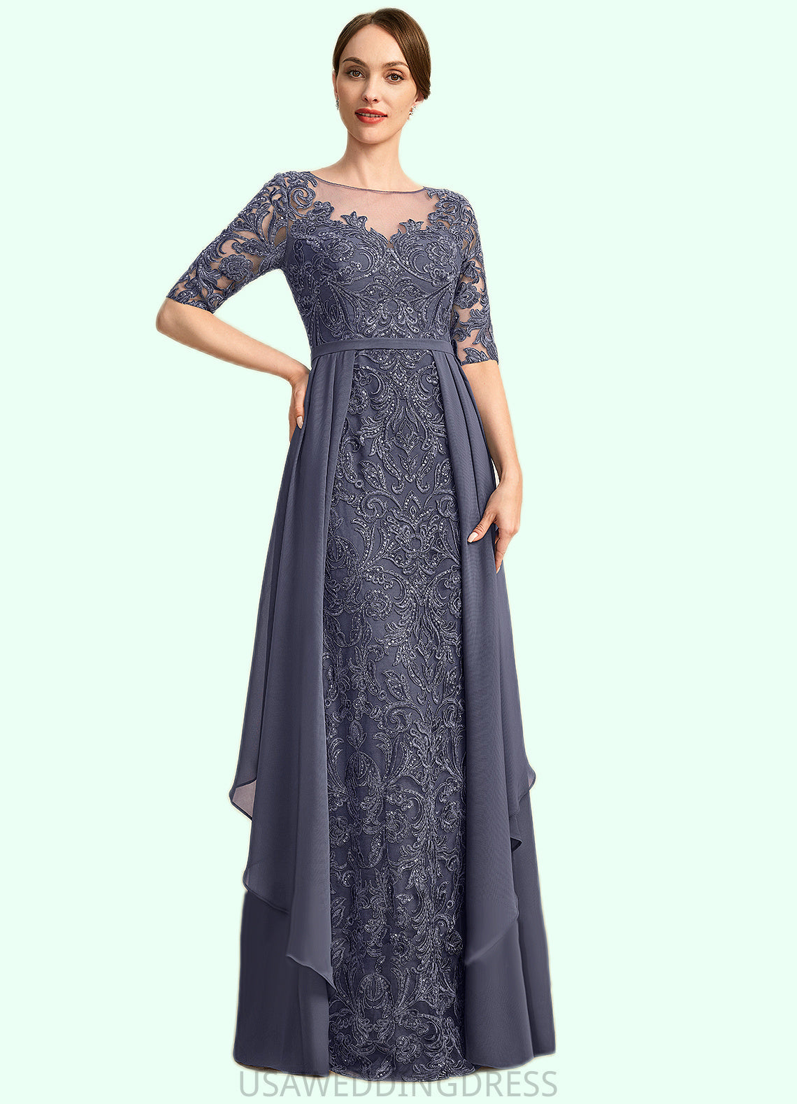Penelope Sheath/Column Scoop Illusion Floor-Length Chiffon Lace Mother of the Bride Dress With Sequins DS126P0021818