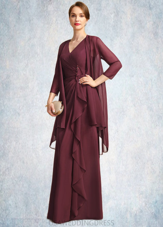 Layla Sheath/Column V-Neck Floor-Length Chiffon Mother of the Bride Dress With Beading Cascading Ruffles DS126P0021835