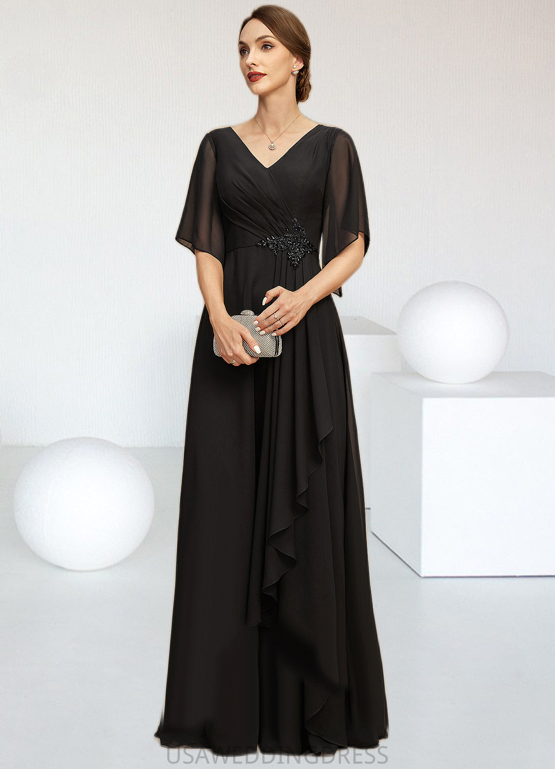 Stella A-line V-Neck Floor-Length Chiffon Mother of the Bride Dress With Beading Cascading Ruffles Sequins DS126P0021836