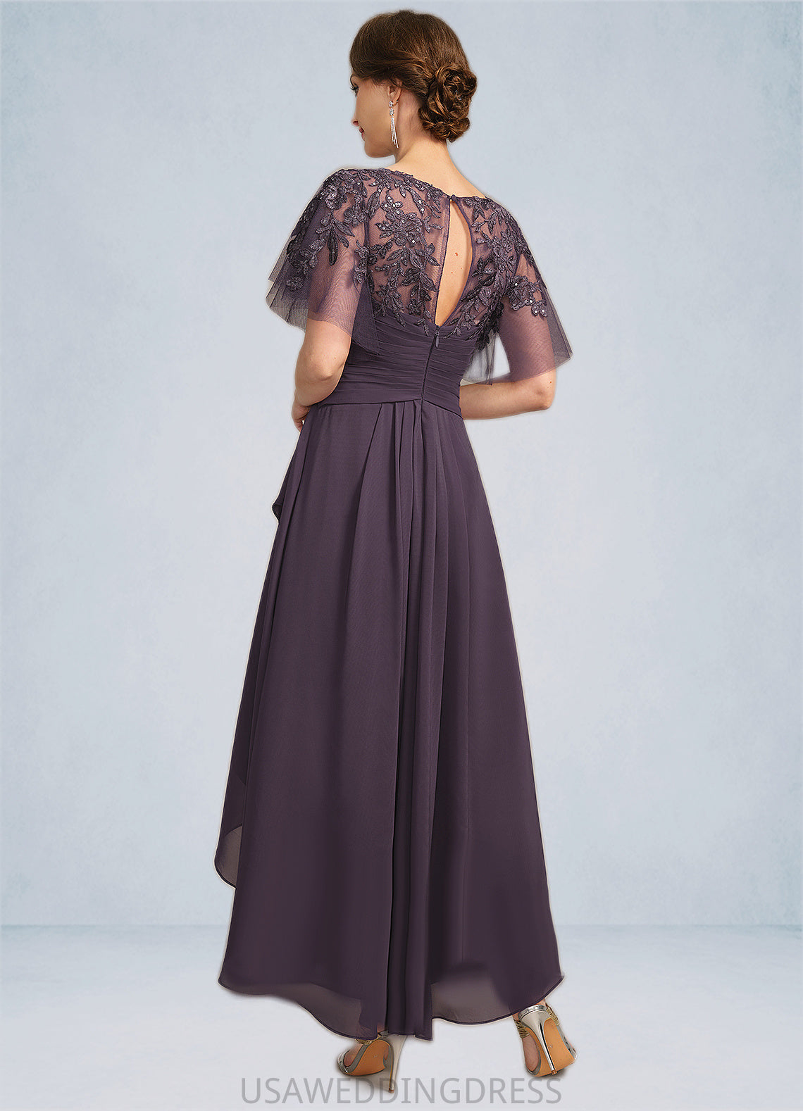 Hadley A-line Asymmetrical Asymmetrical Chiffon Lace Mother of the Bride Dress With Cascading Ruffles Sequins DS126P0021846