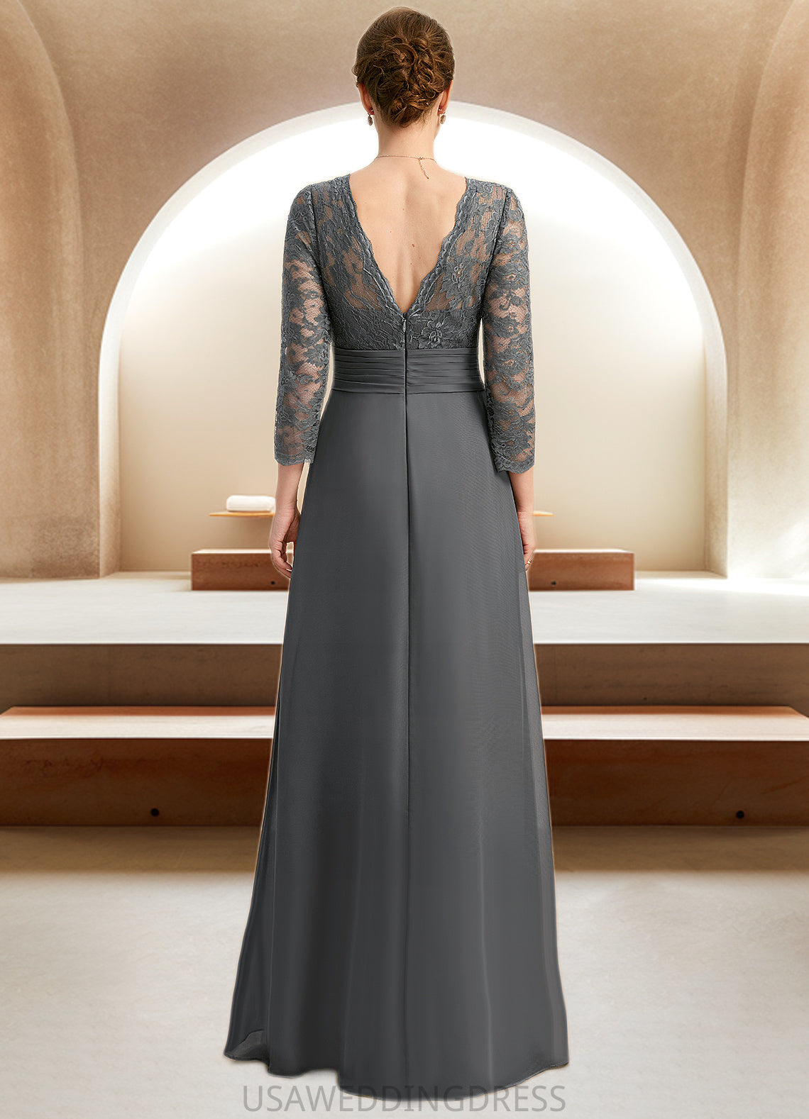 Mina A-line V-Neck Floor-Length Chiffon Lace Mother of the Bride Dress With Pleated DS126P0021850