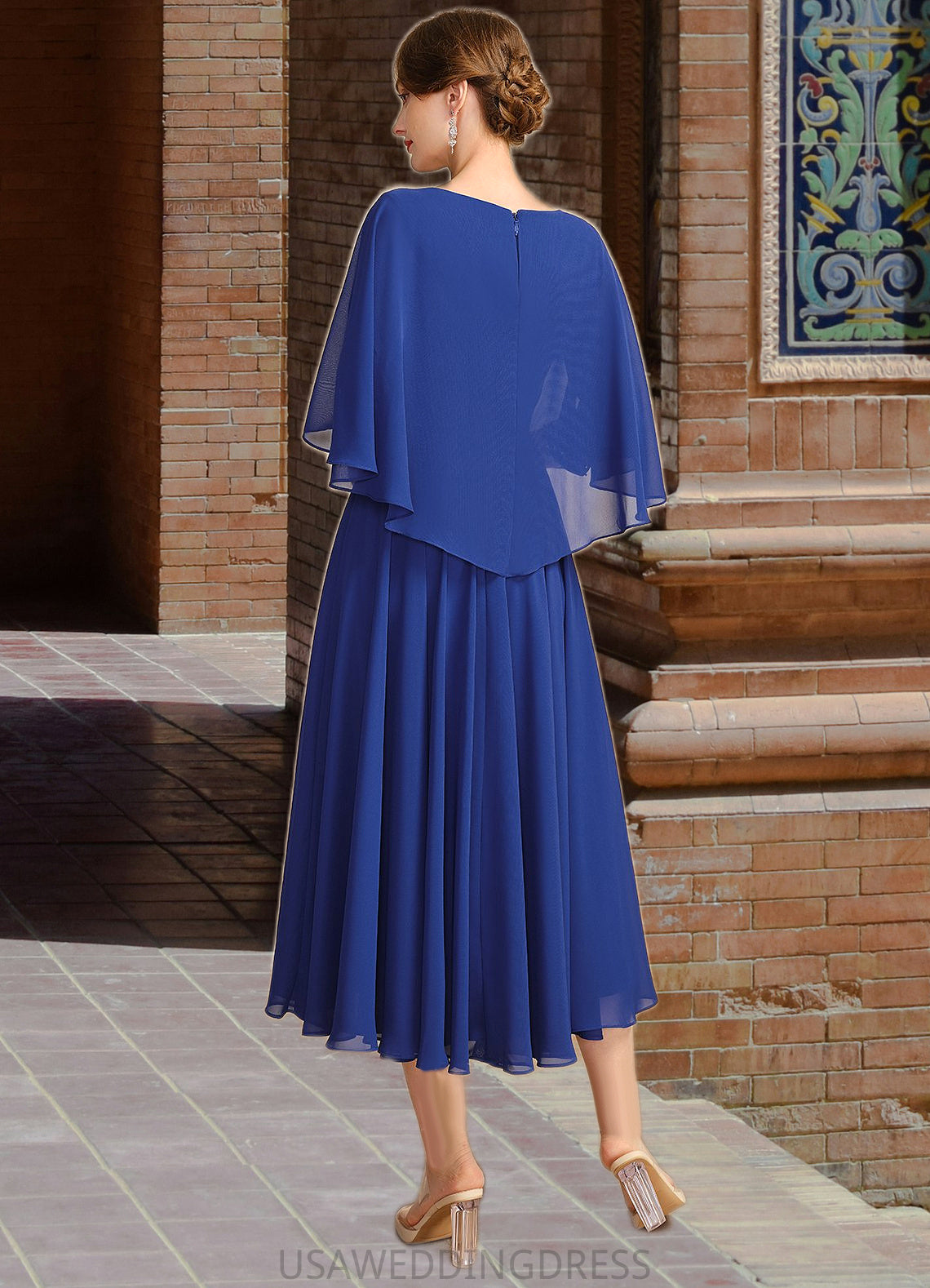 Janey A-line V-Neck Tea-Length Chiffon Mother of the Bride Dress With Beading Pleated Appliques Lace Sequins DS126P0021853