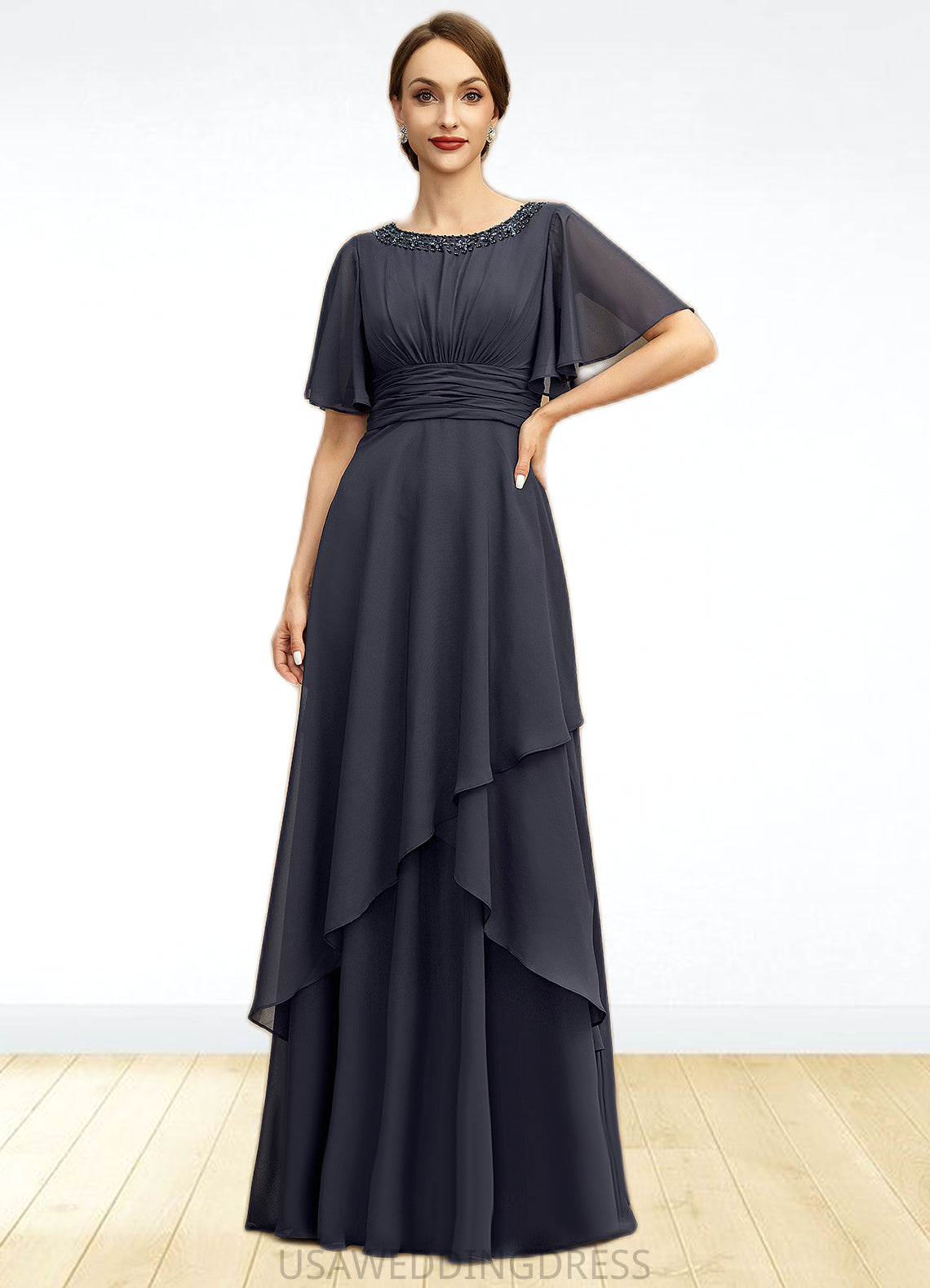Cornelia A-line Scoop Floor-Length Chiffon Mother of the Bride Dress With Beading Pleated Sequins DS126P0021856