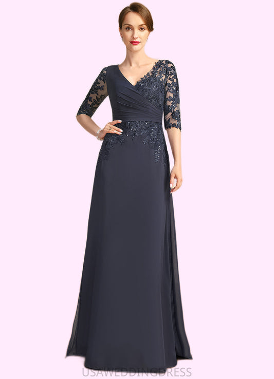 Delilah A-line V-Neck Floor-Length Chiffon Lace Mother of the Bride Dress With Pleated Sequins DS126P0021880