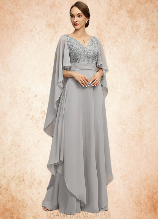 Kennedi A-line V-Neck Floor-Length Chiffon Lace Mother of the Bride Dress With Cascading Ruffles Sequins DS126P0021883