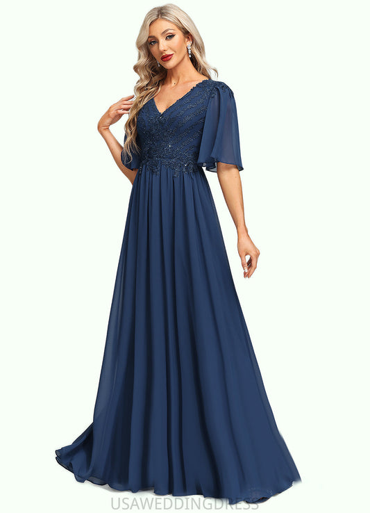 Pat A-line V-Neck Floor-Length Chiffon Lace Mother of the Bride Dress With Sequins DS126P0021888