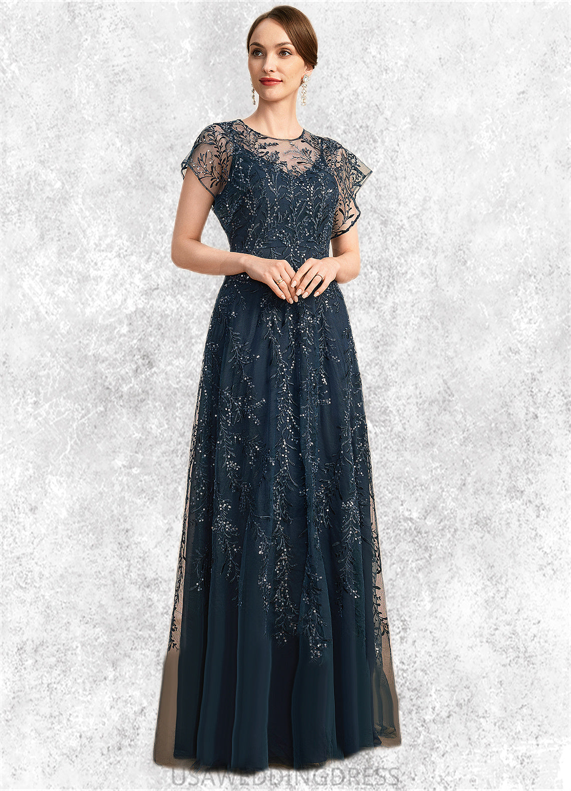 Raegan A-line Scoop Illusion Floor-Length Lace Tulle Mother of the Bride Dress With Sequins DS126P0021896