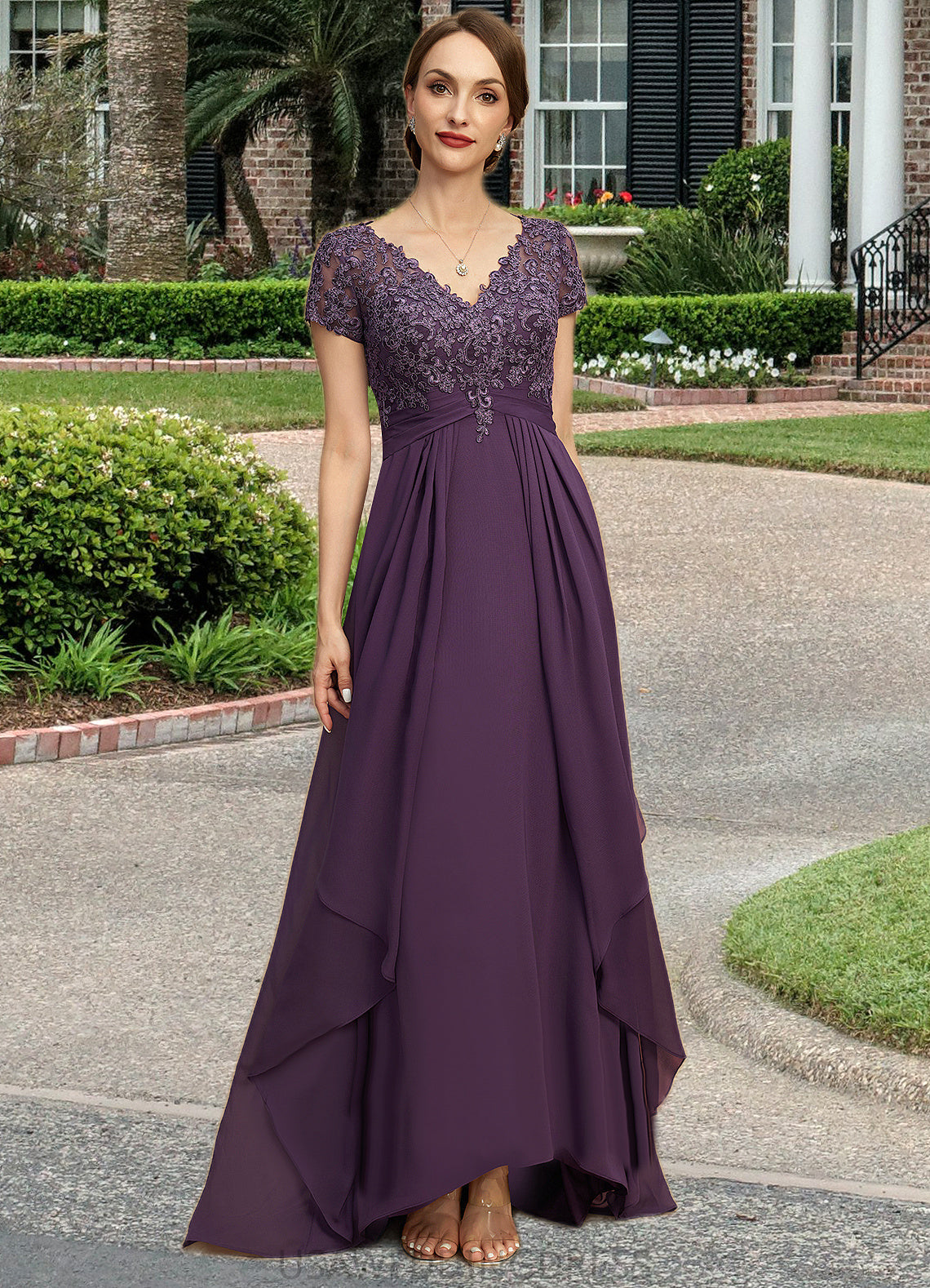 Amy A-line V-Neck Asymmetrical Chiffon Lace Mother of the Bride Dress With Cascading Ruffles DS126P0021899