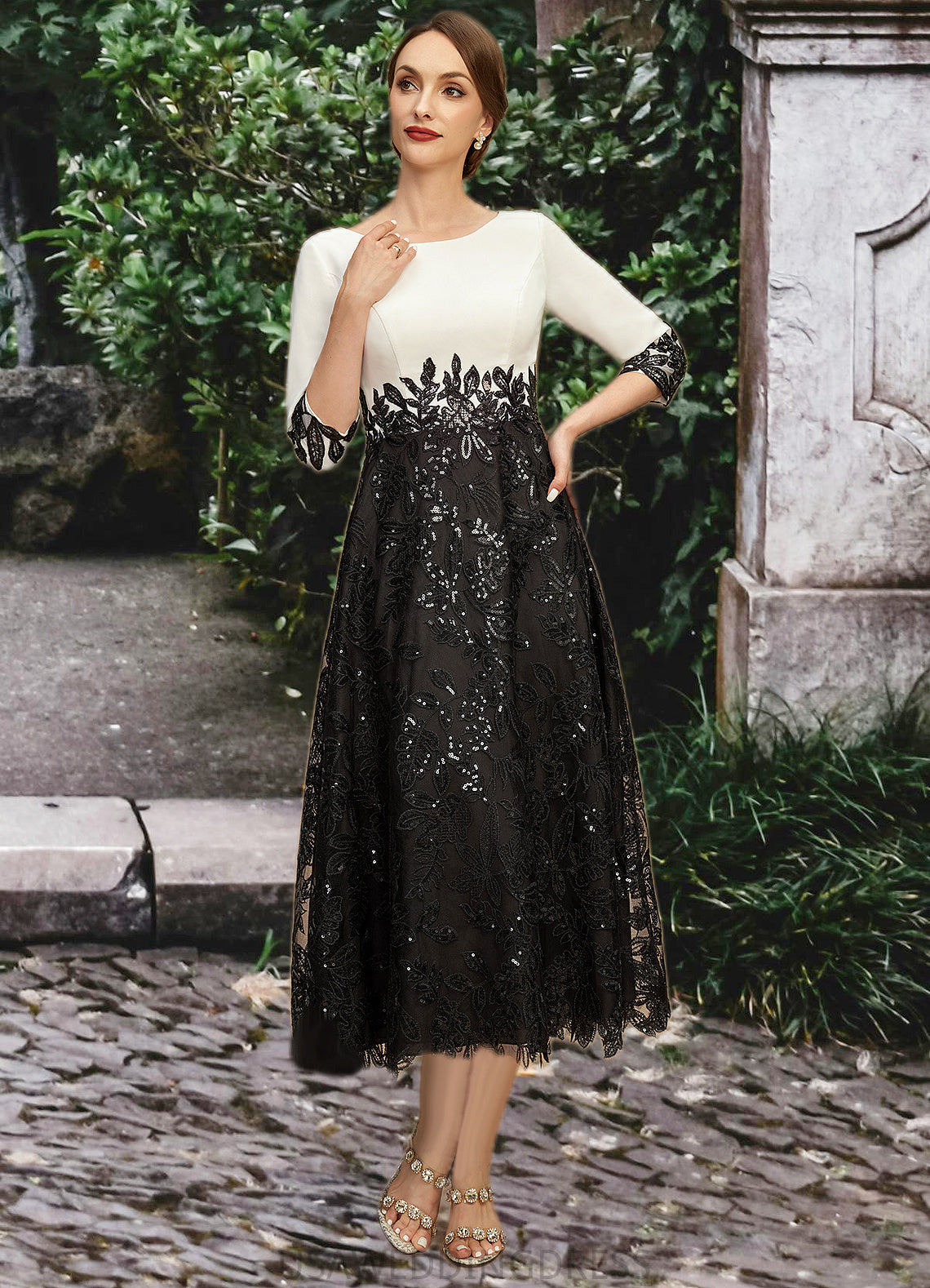 Ansley A-line Scoop Tea-Length Chiffon Lace Mother of the Bride Dress With Sequins DS126P0021903