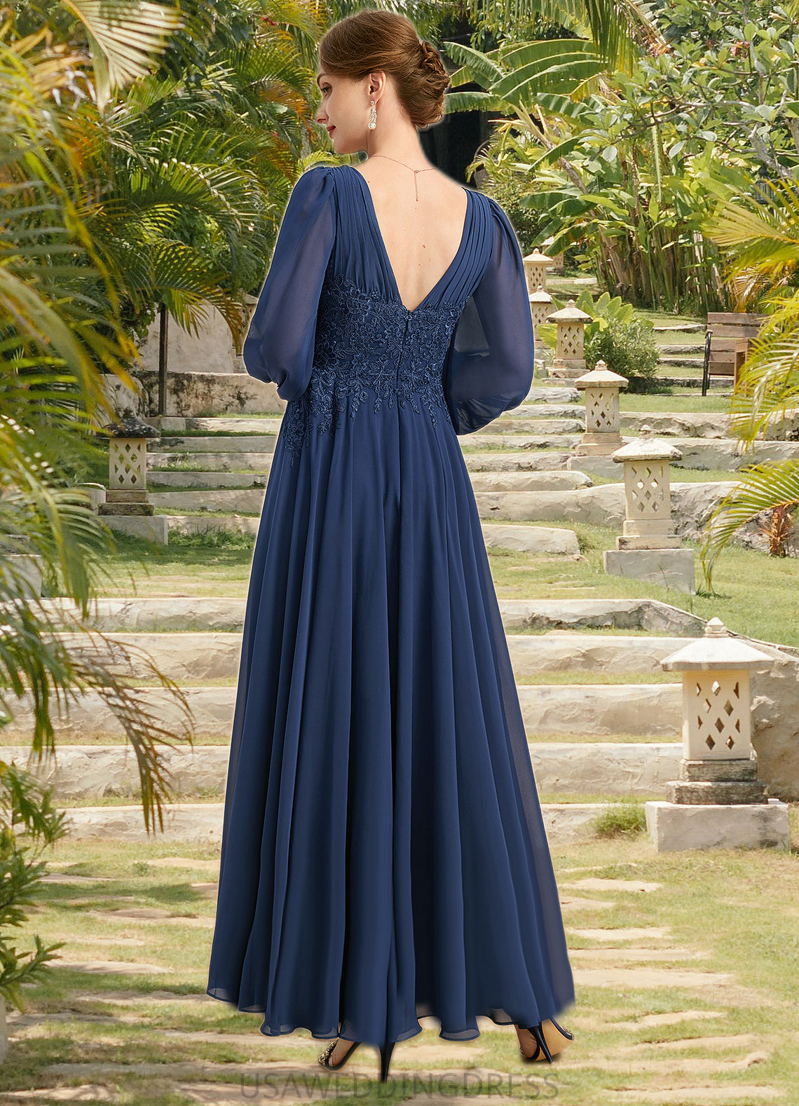 Corinne A-line V-Neck Ankle-Length Chiffon Lace Mother of the Bride Dress With Pleated DS126P0021908