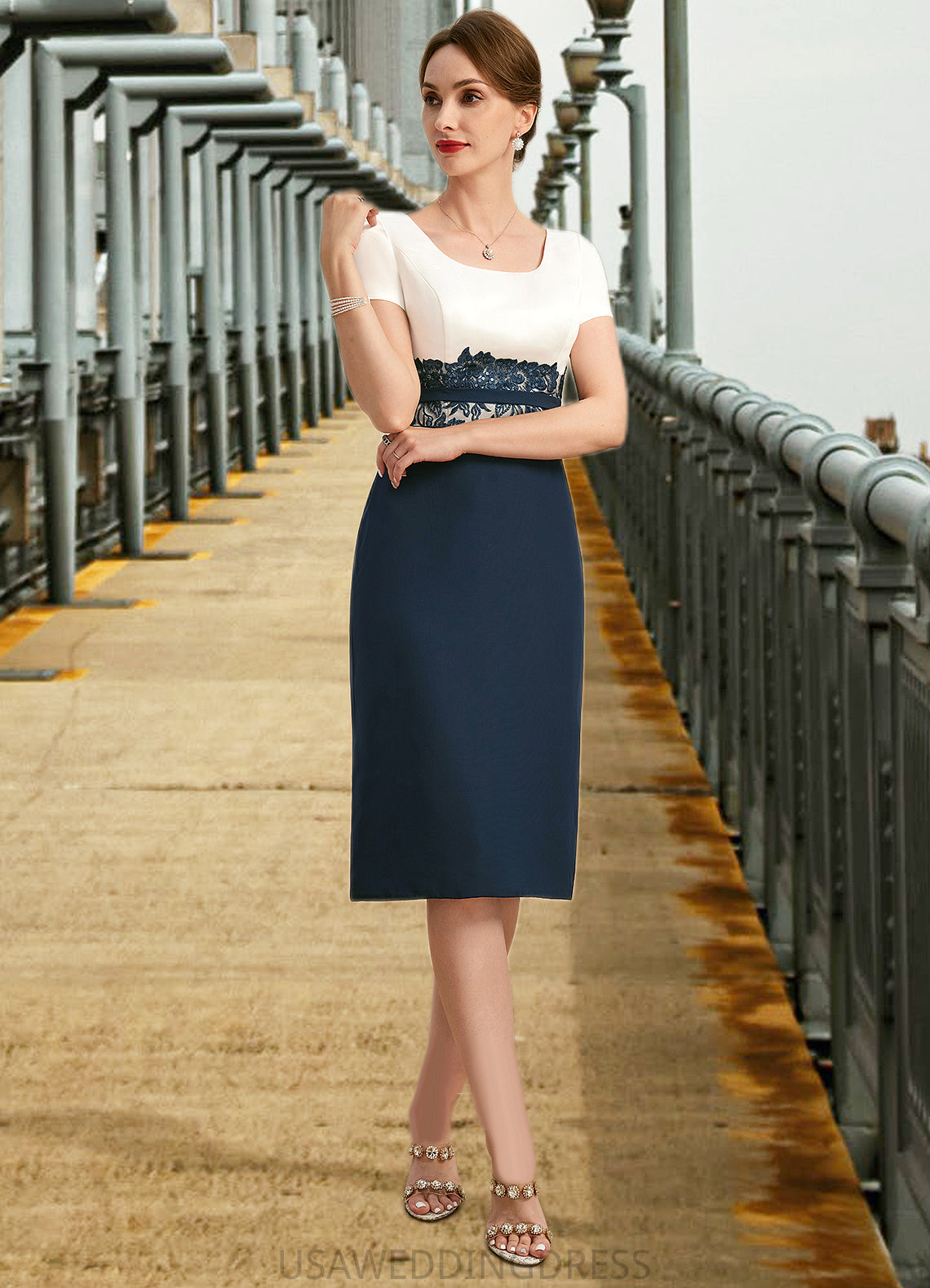 Rebekah Sheath/Column Square Knee-Length Chiffon Satin Mother of the Bride Dress With Appliques Lace Sequins DS126P0021911