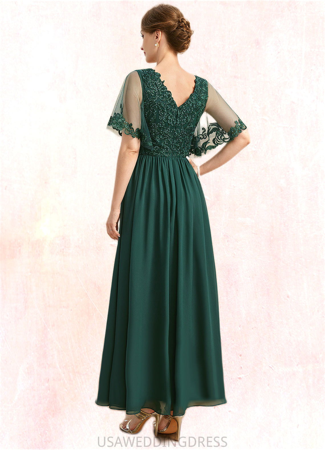 Eileen A-line V-Neck Ankle-Length Chiffon Lace Mother of the Bride Dress With Sequins DS126P0021914