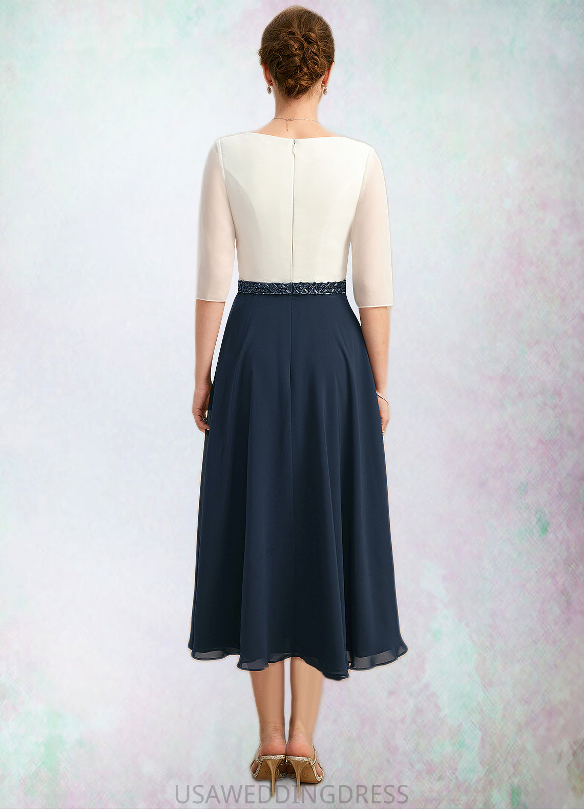 Anabella A-line V-Neck Tea-Length Chiffon Mother of the Bride Dress With Beading Pleated DS126P0021923