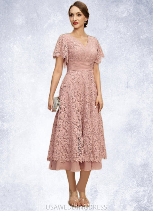 Hazel A-line V-Neck Tea-Length Chiffon Lace Mother of the Bride Dress With Pleated DS126P0021927