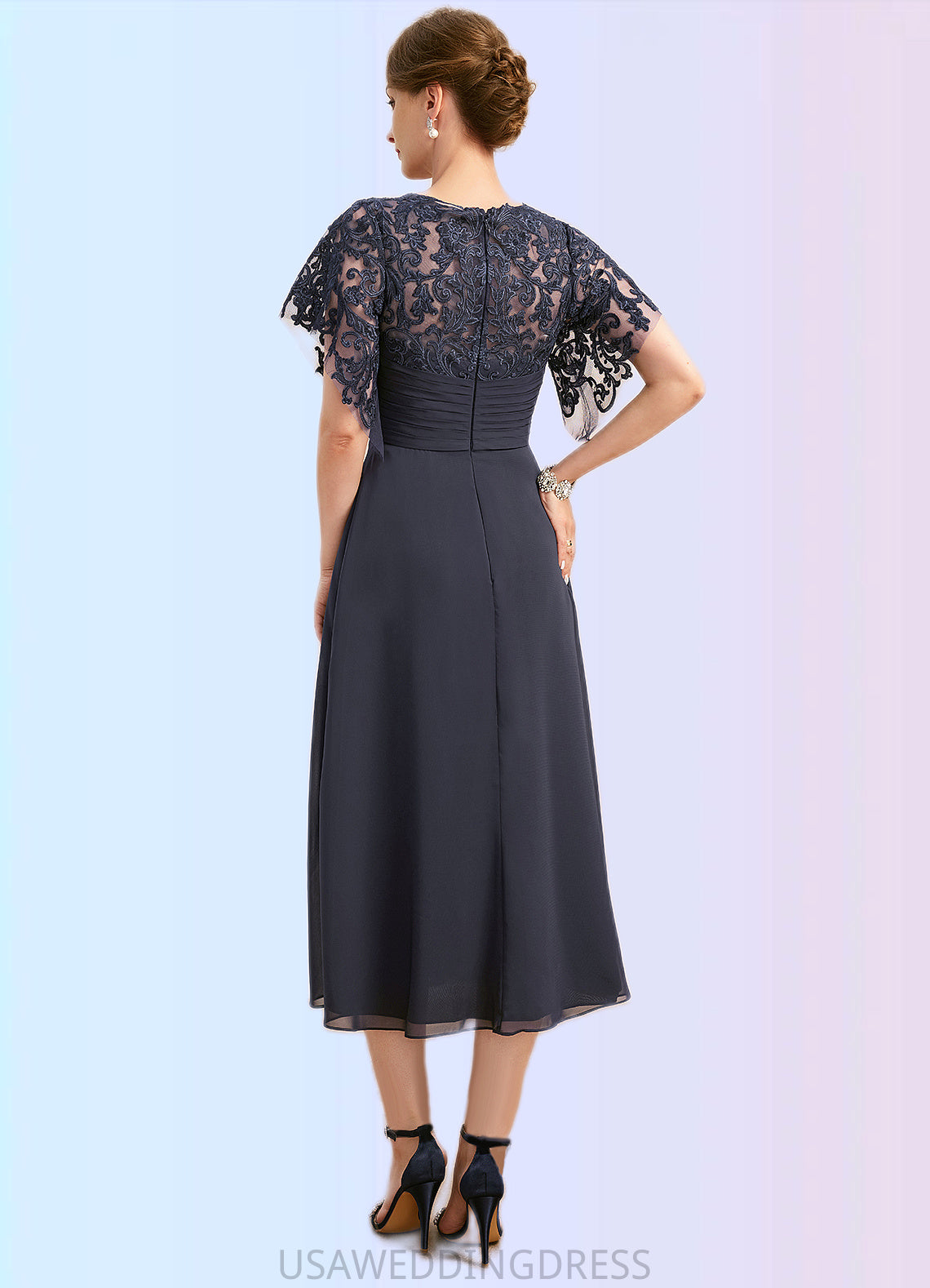 Zoie A-line Scoop Tea-Length Chiffon Lace Mother of the Bride Dress With Pleated DS126P0021928