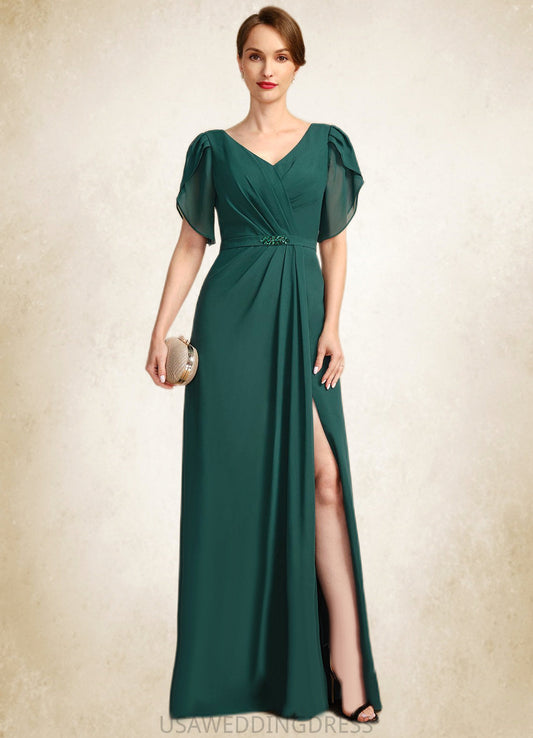 Lydia Sheath/Column V-Neck Floor-Length Chiffon Mother of the Bride Dress With Beading Pleated DS126P0021949