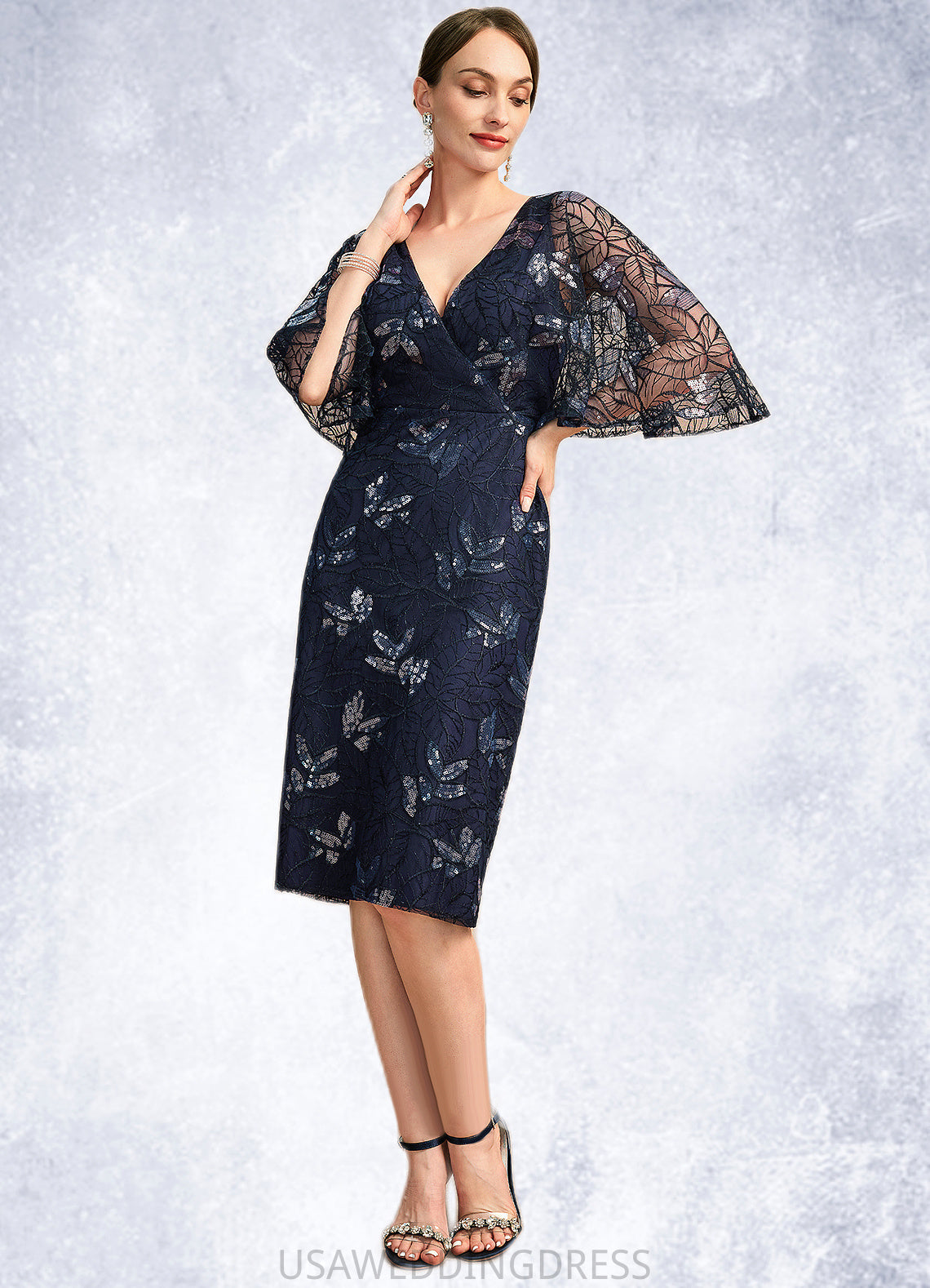 Chloe Sheath/Column V-Neck Knee-Length Lace Mother of the Bride Dress With Sequins DS126P0021957