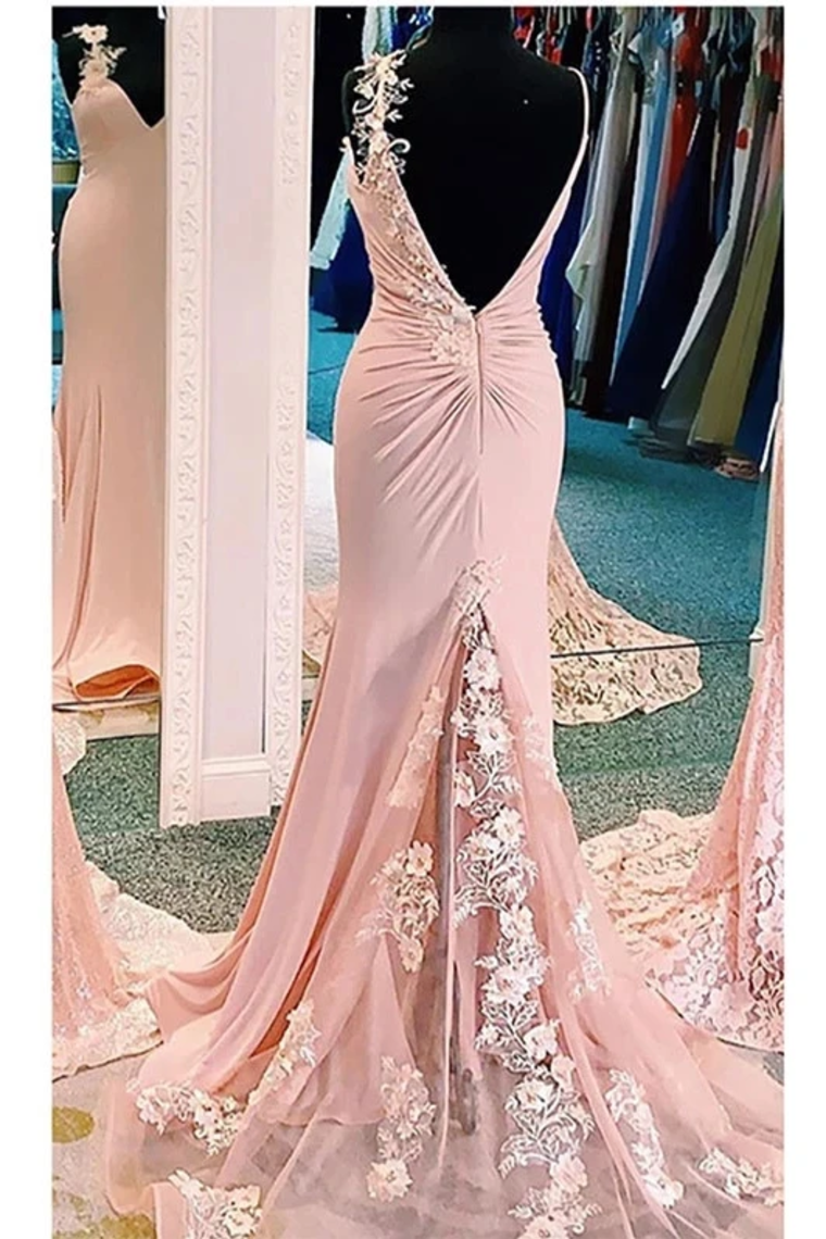 Mermaid V Neck Spaghetti Straps Long Prom Dresses Appliques Party Dress Chiffon And SRSPFT7D7JQ