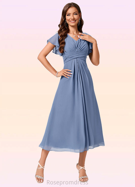 Peggie A-line V-Neck Tea-Length Chiffon Cocktail Dress With Ruffle SRSP0022233