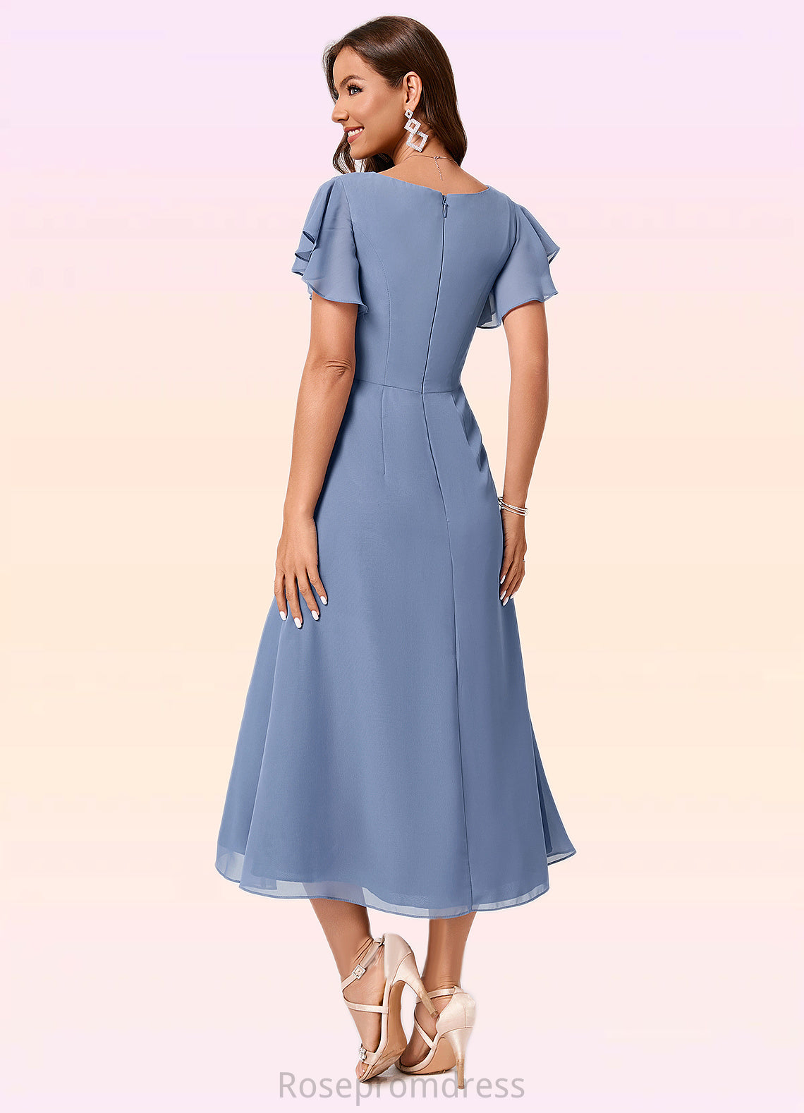 Peggie A-line V-Neck Tea-Length Chiffon Cocktail Dress With Ruffle SRSP0022233