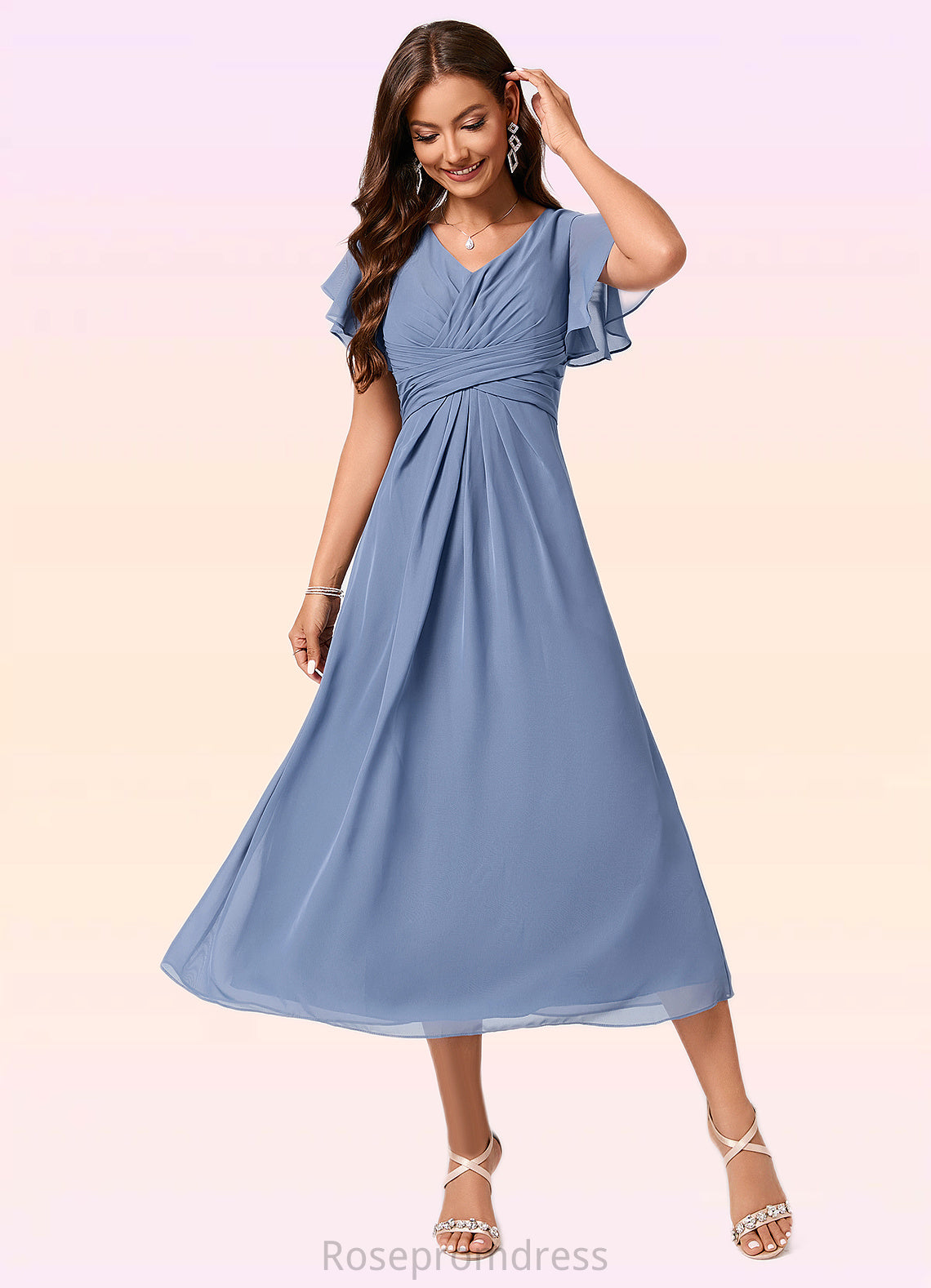 Peggie A-line V-Neck Tea-Length Chiffon Cocktail Dress With Ruffle SRSP0022233