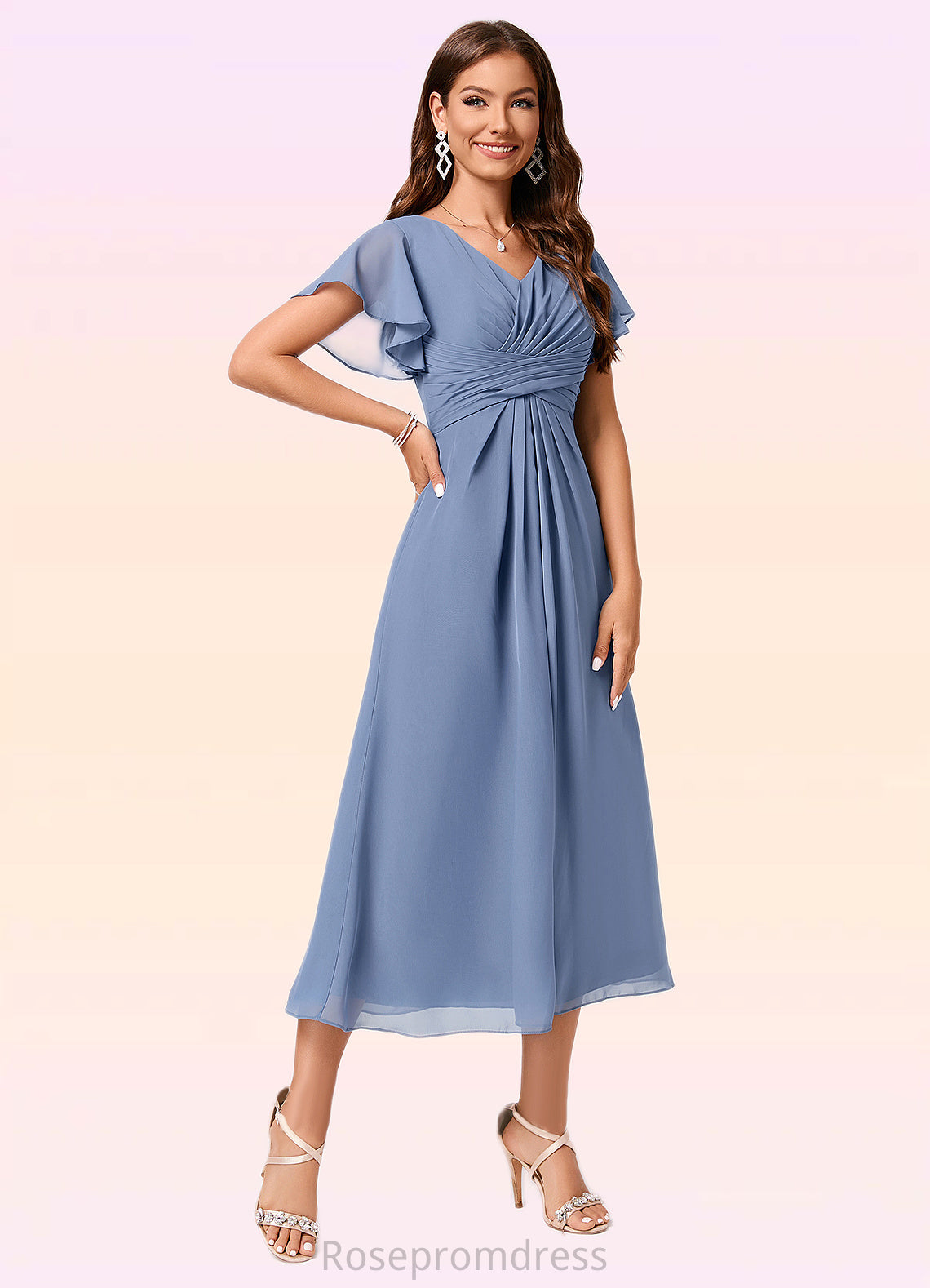 Peggie A-line V-Neck Tea-Length Chiffon Cocktail Dress With Ruffle SRSP0022233