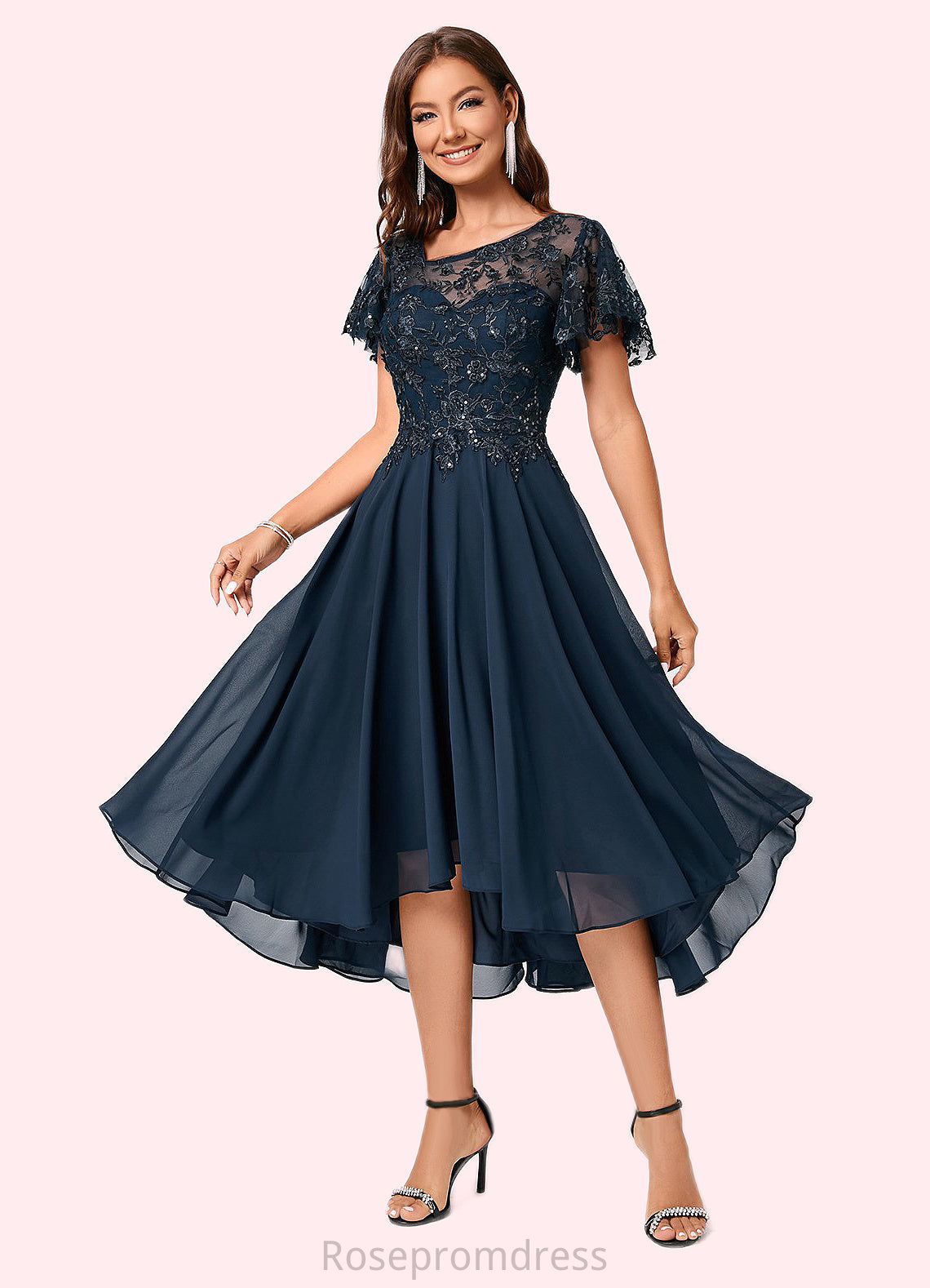 Salome A-line Asymmetrical Asymmetrical Chiffon Lace Cocktail Dress With Ruffle Sequins SRSP0022235