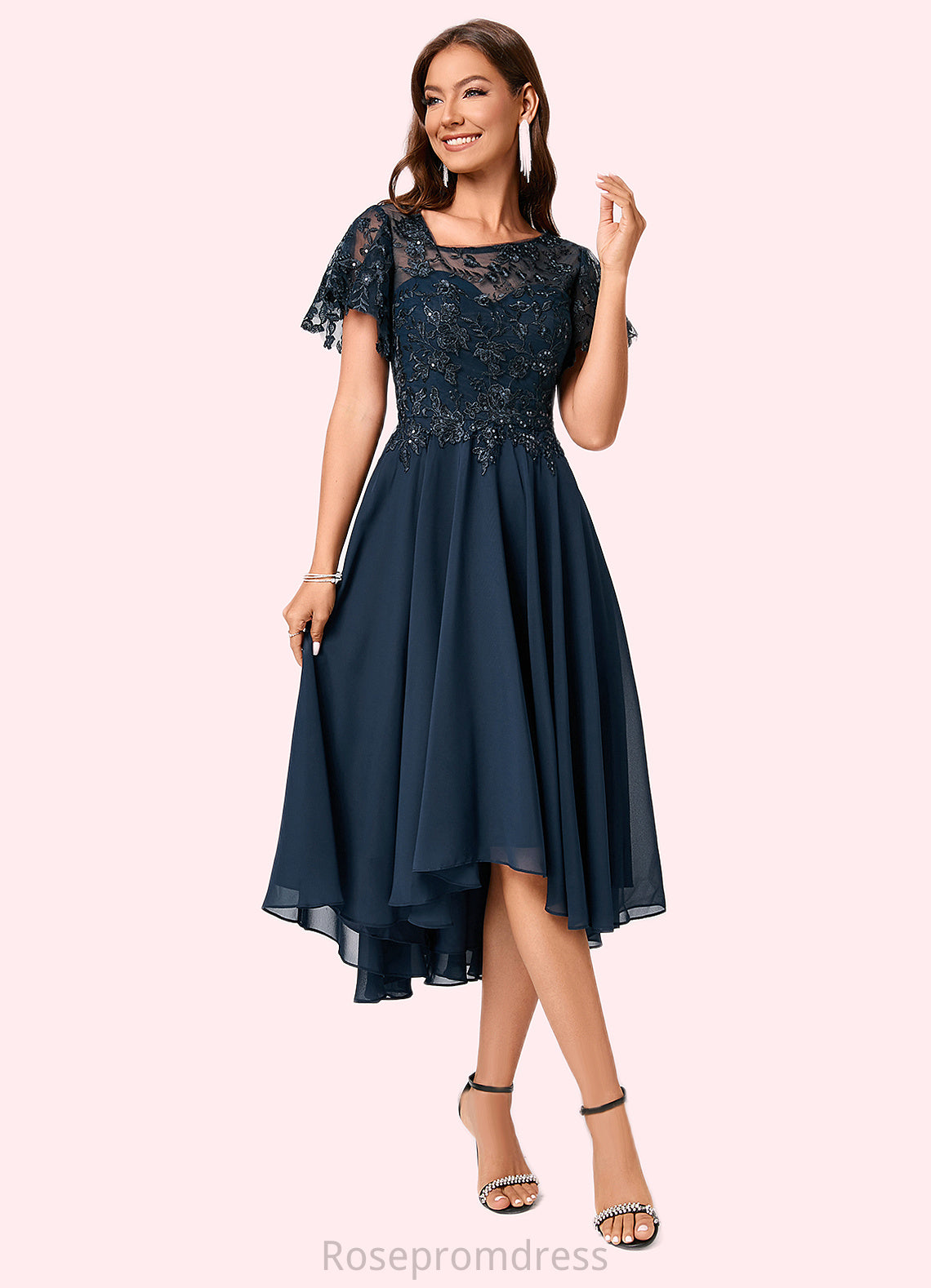 Salome A-line Asymmetrical Asymmetrical Chiffon Lace Cocktail Dress With Ruffle Sequins SRSP0022235