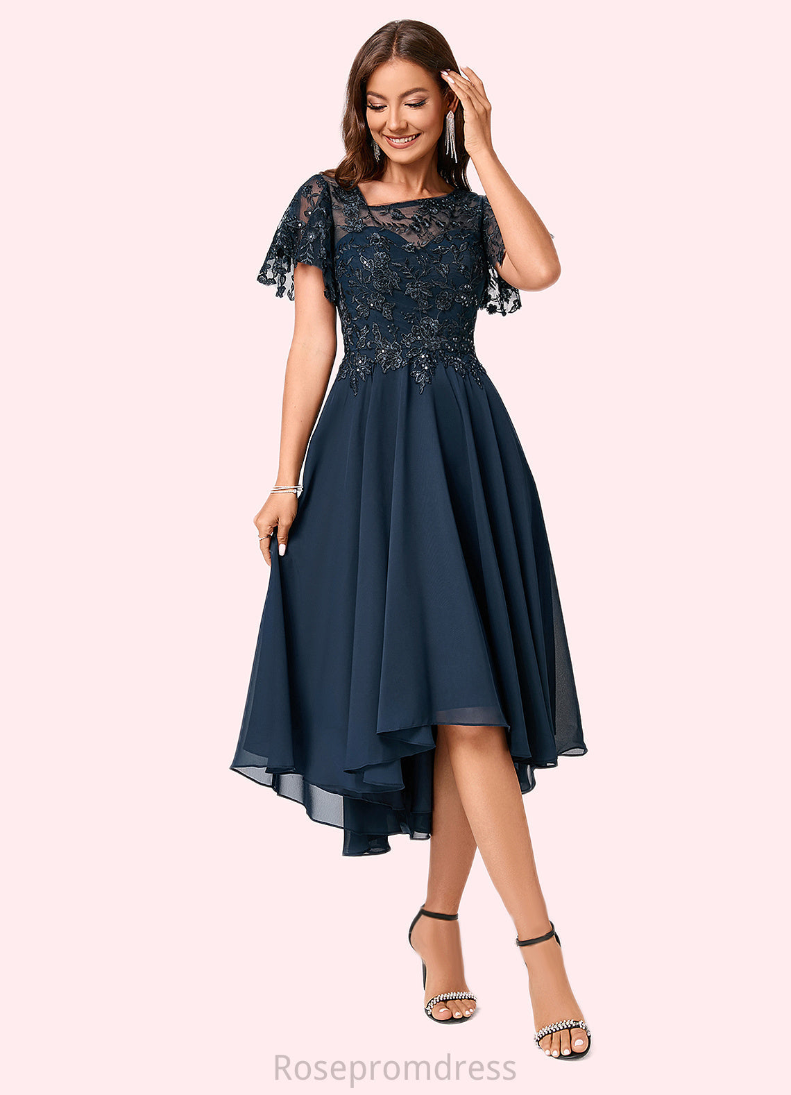 Salome A-line Asymmetrical Asymmetrical Chiffon Lace Cocktail Dress With Ruffle Sequins SRSP0022235