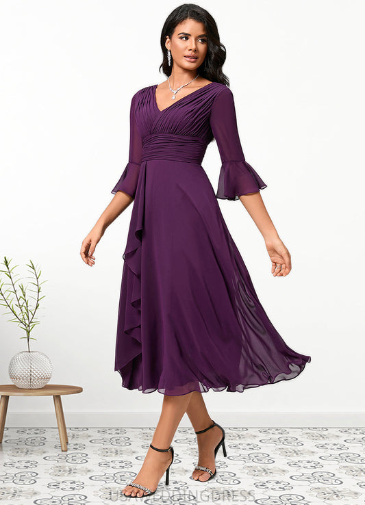 Alejandra A-line V-Neck Tea-Length Chiffon Cocktail Dress With Ruffle DSP0022236