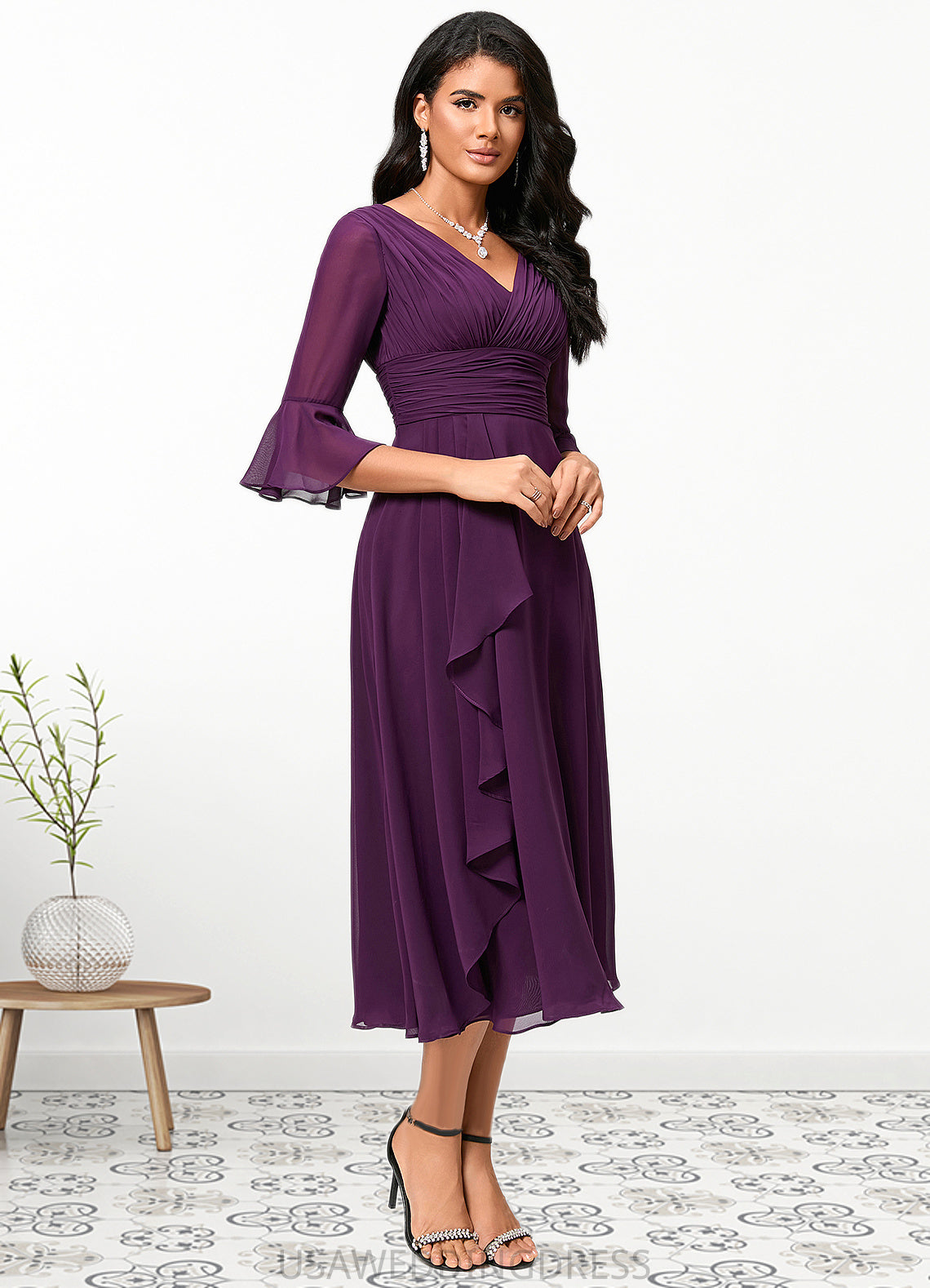 Alejandra A-line V-Neck Tea-Length Chiffon Cocktail Dress With Ruffle DSP0022236