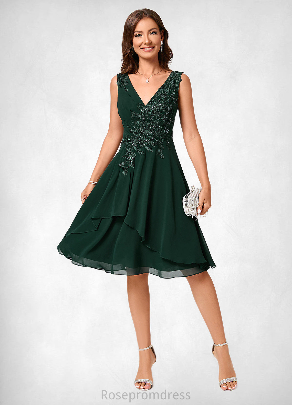 Erika A-line V-Neck Knee-Length Chiffon Lace Cocktail Dress With Appliques Lace Sequins SRSP0022237