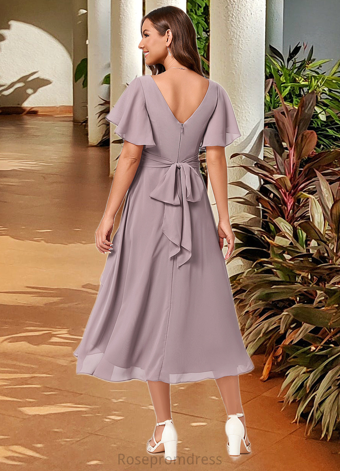 Denise A-line V-Neck Asymmetrical Chiffon Cocktail Dress With Cascading Ruffles Ruffle SRSP0022238