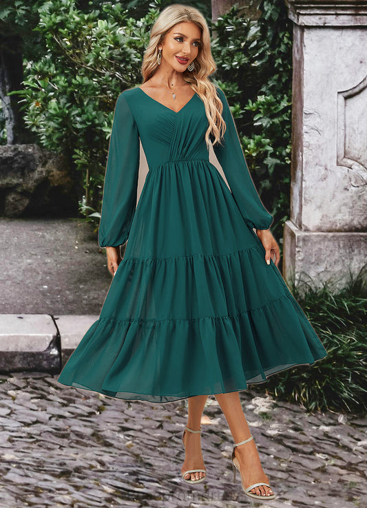 Sarah A-line V-Neck Tea-Length Chiffon Evening Dress With Pleated SRSP0022249