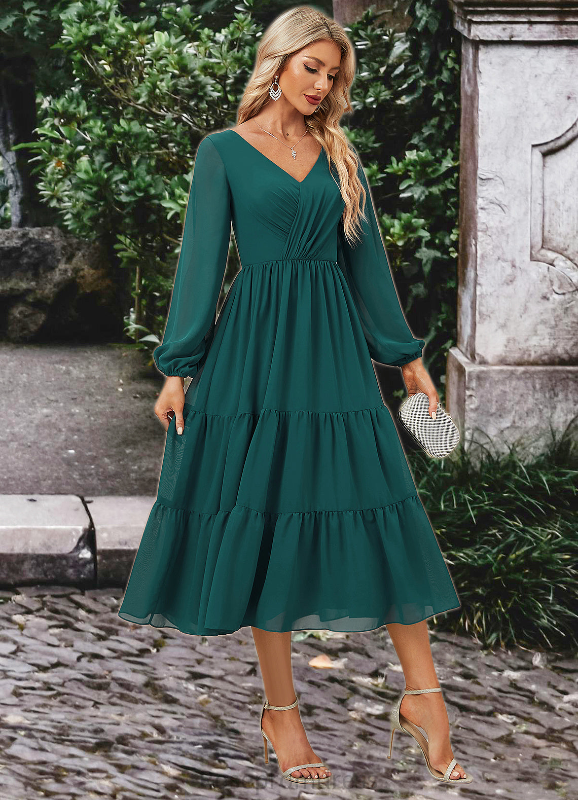 Sarah A-line V-Neck Tea-Length Chiffon Evening Dress With Pleated SRSP0022249