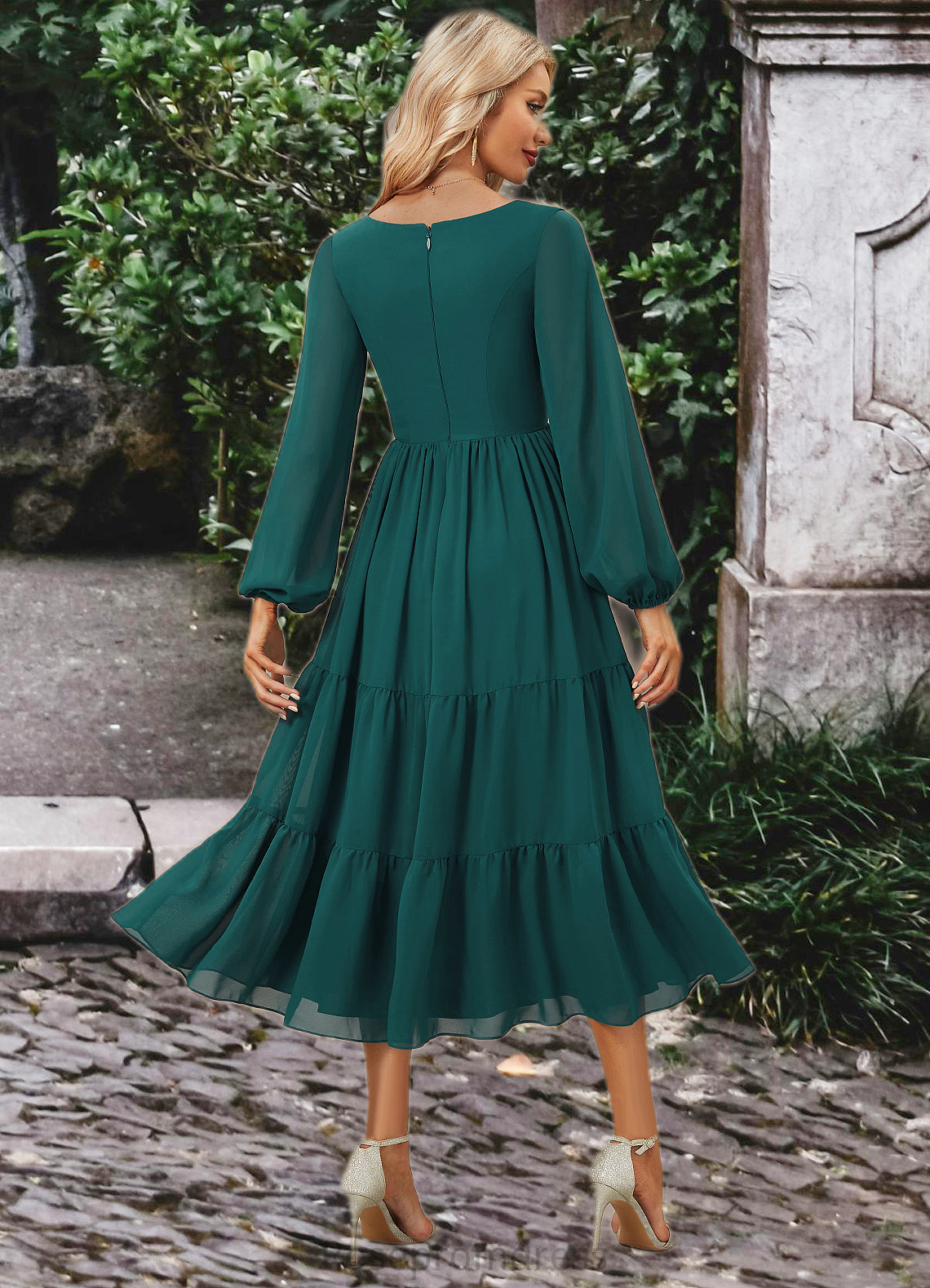 Sarah A-line V-Neck Tea-Length Chiffon Evening Dress With Pleated SRSP0022249