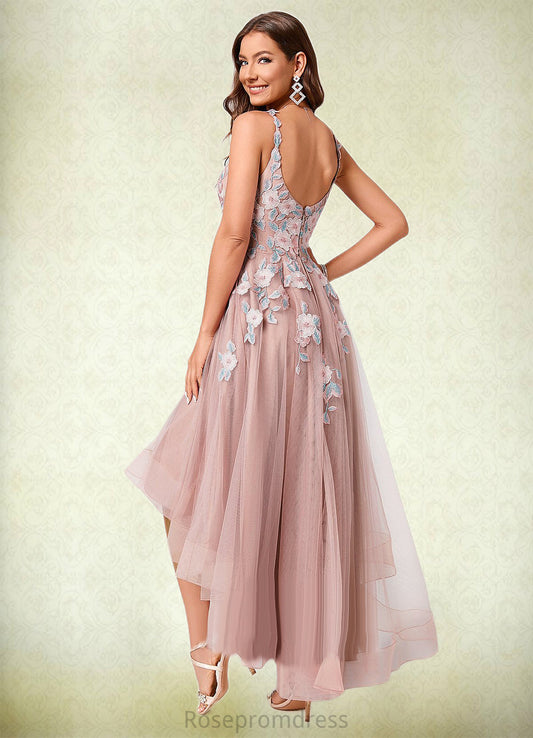 Bridget A-line Off the Shoulder Asymmetrical Lace Tulle Cocktail Dress With Flower SRSP0022258