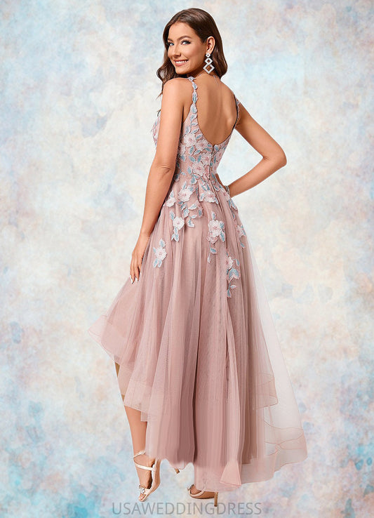 Deborah A-line Off the Shoulder Asymmetrical Lace Tulle Cocktail Dress With Flower DSP0022258