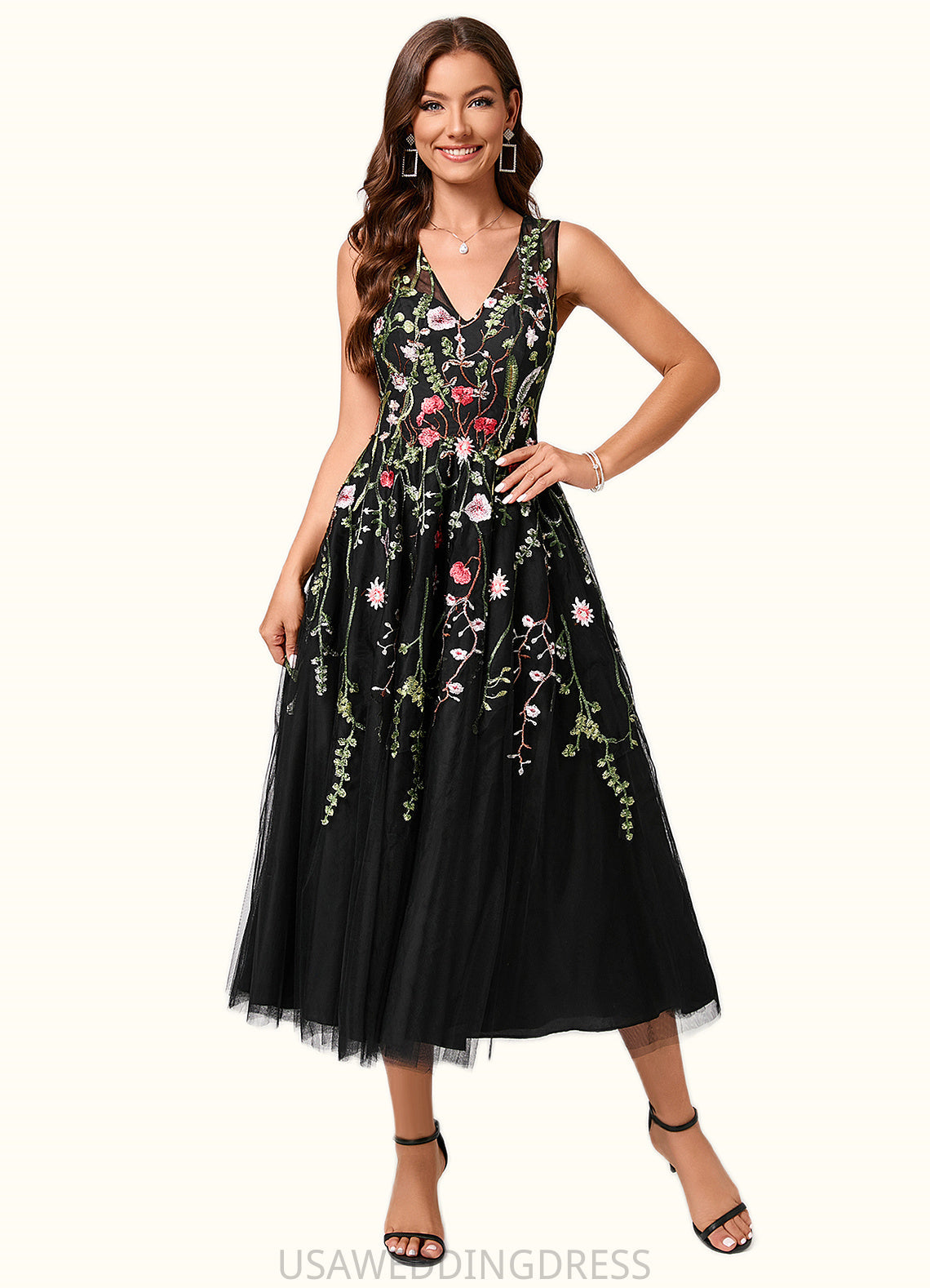 Kitty A-line V-Neck Tea-Length Lace Tulle Cocktail Dress With Appliques Lace DSP0022260