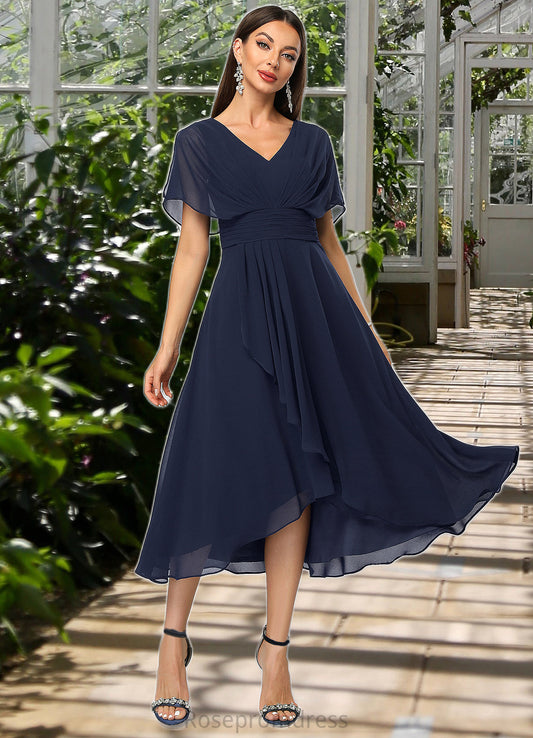 Krystal A-line V-Neck Asymmetrical Chiffon Cocktail Dress With Cascading Ruffles SRSP0022263
