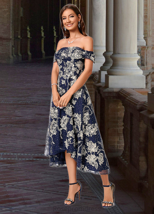 Briana A-line Off the Shoulder Asymmetrical Lace Sequin Cocktail Dress With Sequins SRSP0022274