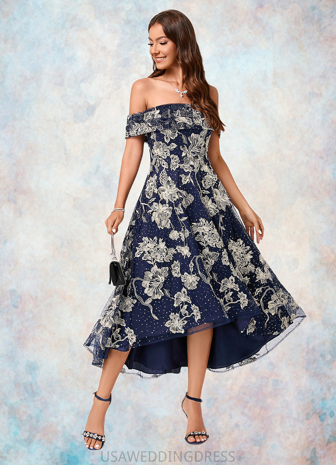 EmeryPiper A-line Off the Shoulder Asymmetrical Lace Sequin Cocktail Dress With Sequins DSP0022274