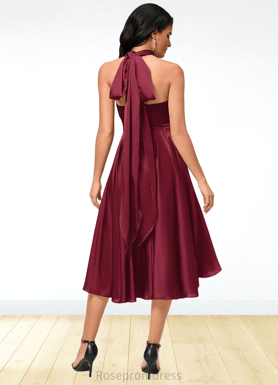 Rylie A-line Halter One Shoulder V-Neck Asymmetrical Silky Satin Cocktail Dress With Ruffle SRSP0022280